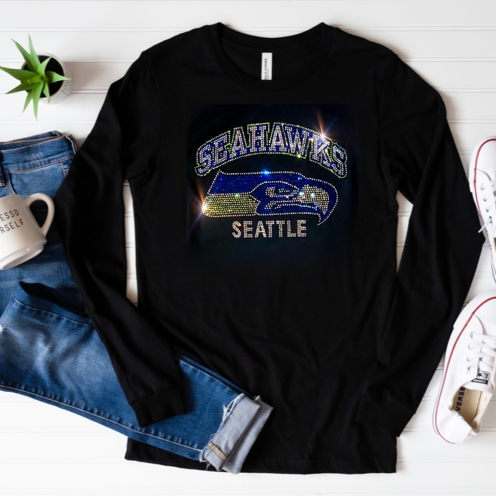 New Seattle Seahawks Black Long Sleeve  Unisex Tshirt S-XL Rhinestone
